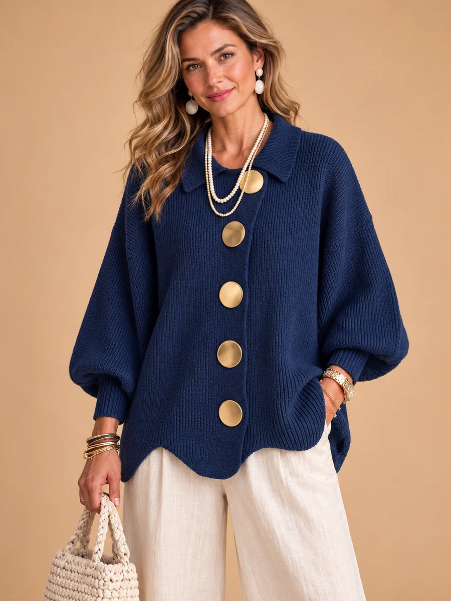 Genevieve Scalloped Hem Gold Button Cardigan in Navy