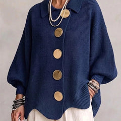 Genevieve Scalloped Hem Gold Button Cardigan in Navy