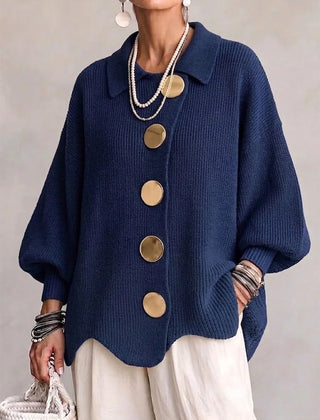 Genevieve Scalloped Hem Gold Button Cardigan in Navy