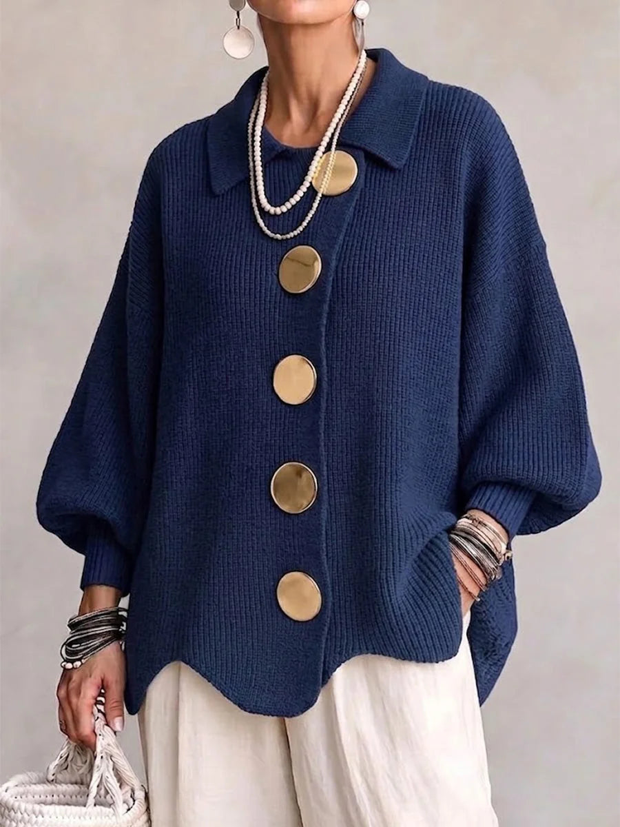 Genevieve Scalloped Hem Gold Button Cardigan in Navy