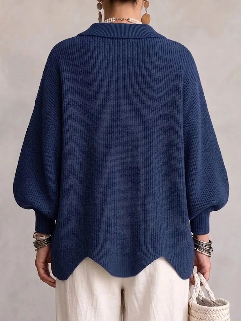 Genevieve Scalloped Hem Gold Button Cardigan in Navy
