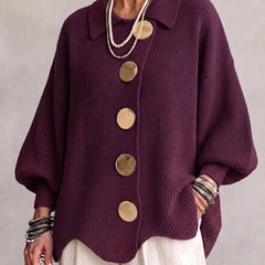 Genevieve Scalloped Hem Gold Button Cardigan in Wine Red