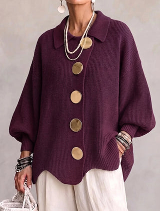 Genevieve Scalloped Hem Gold Button Cardigan in Wine Red