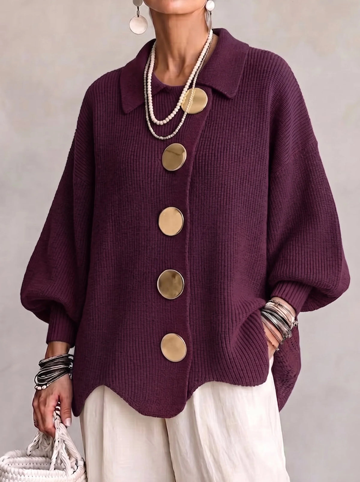 Genevieve Scalloped Hem Gold Button Cardigan in Wine Red