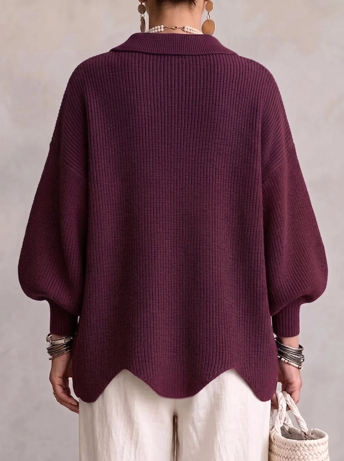 Genevieve Scalloped Hem Gold Button Cardigan in Wine Red