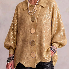 Genevieve Scalloped Hem Gold Button Cardigan in Gold