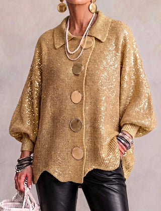 Genevieve Scalloped Hem Gold Button Cardigan in Gold