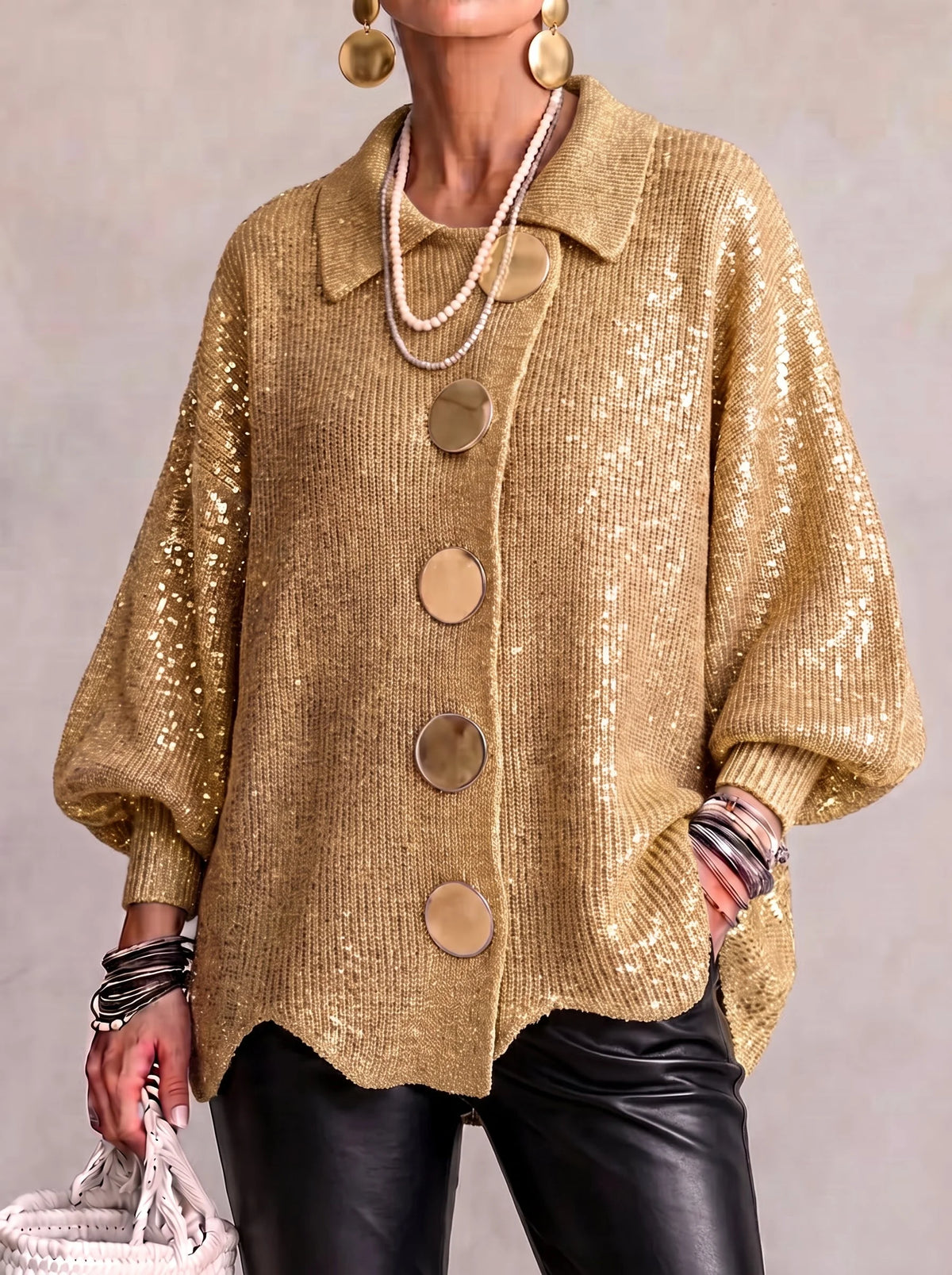 Genevieve Scalloped Hem Gold Button Cardigan in Gold