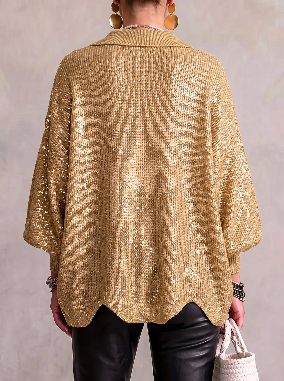 Genevieve Scalloped Hem Gold Button Cardigan in Gold