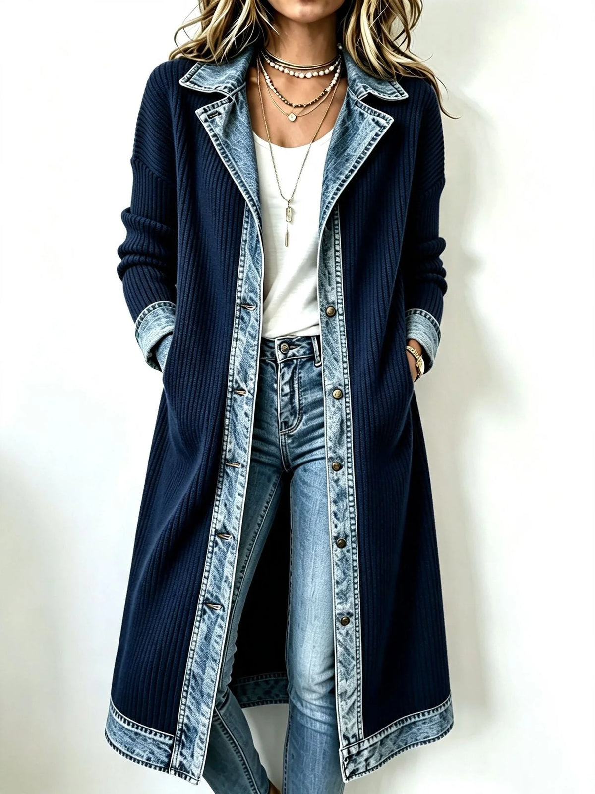 Georgia Contrast Trim Longline Cardigan in Navy