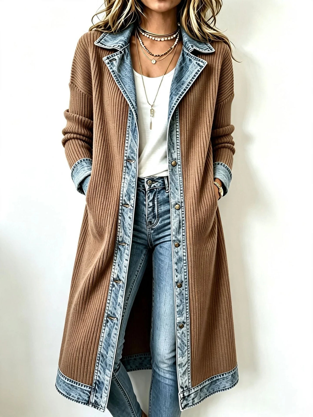 Georgia Contrast Trim Longline Cardigan in Camel