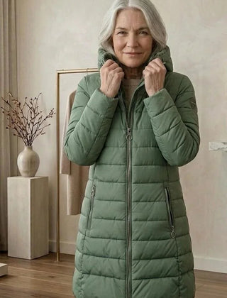 Georgina A-Line Hooded Puffer Coat in Green