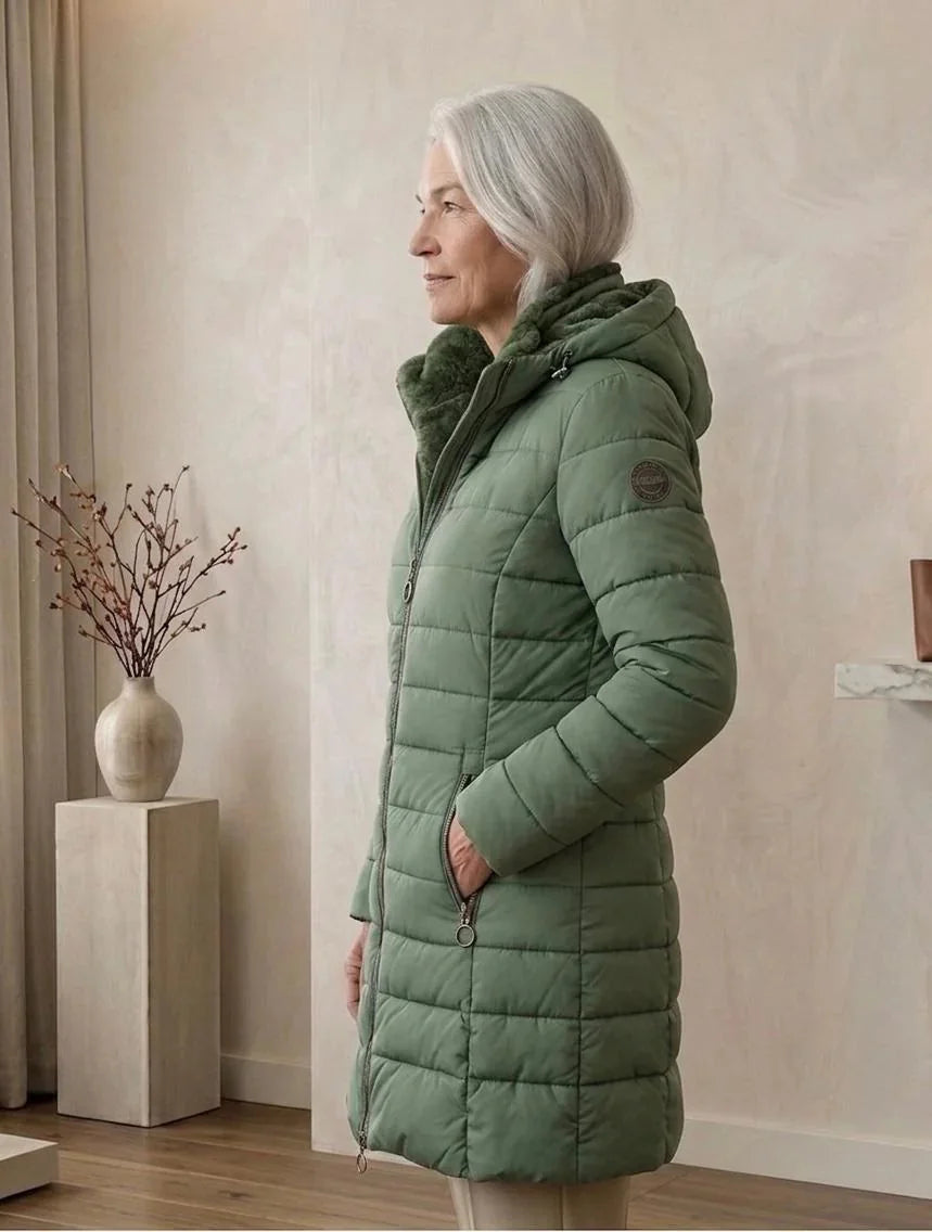 Georgina A-Line Hooded Puffer Coat in Green