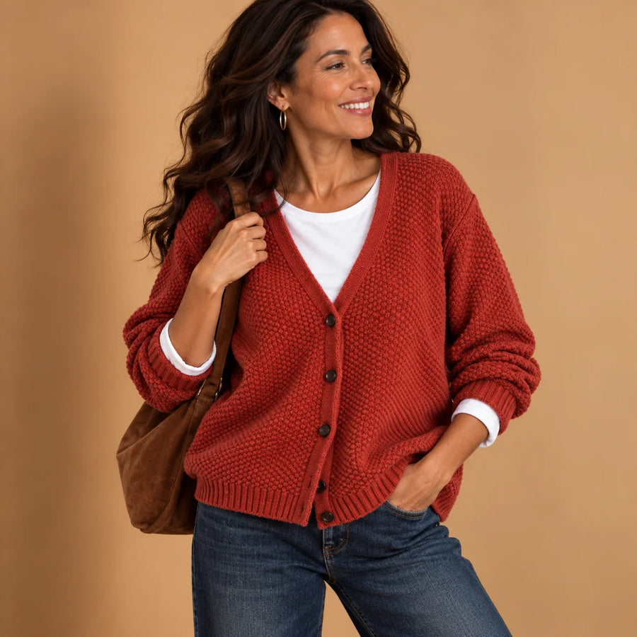 Geraldine Textured V-Neck Button Cardigan in Brick Red