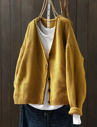 Geraldine Textured V-Neck Button Cardigan in Mustard