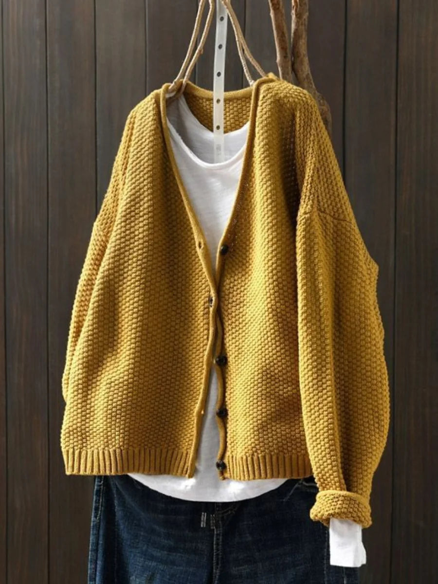 Geraldine Textured V-Neck Button Cardigan in Mustard