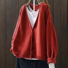 Geraldine Textured V-Neck Button Cardigan in Brick Red