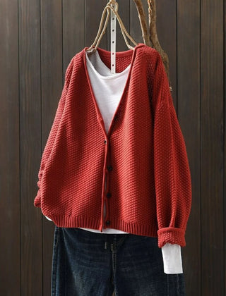 Geraldine Textured V-Neck Button Cardigan in Brick Red