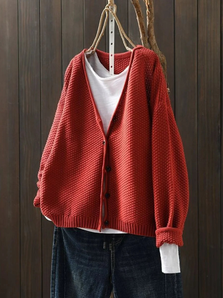 Geraldine Textured V-Neck Button Cardigan in Brick Red