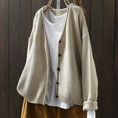 Geraldine Textured V-Neck Button Cardigan in Beige