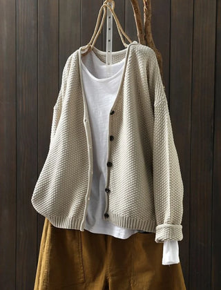 Geraldine Textured V-Neck Button Cardigan in Beige
