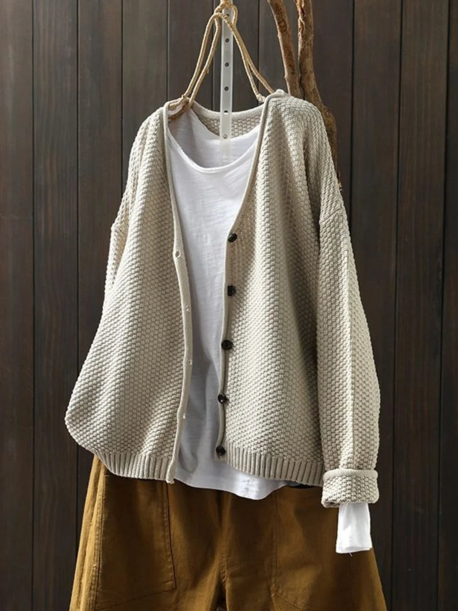 Geraldine Textured V-Neck Button Cardigan in Beige