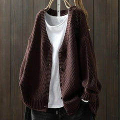 Geraldine Textured V-Neck Button Cardigan in Dark Brown