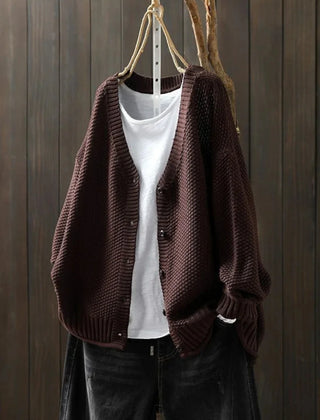 Geraldine Textured V-Neck Button Cardigan in Dark Brown