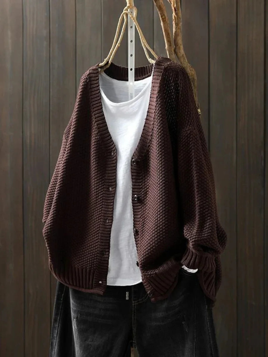 Geraldine Textured V-Neck Button Cardigan in Dark Brown