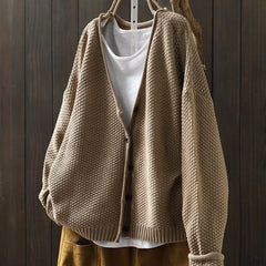 Geraldine Textured V-Neck Button Cardigan in Taupe