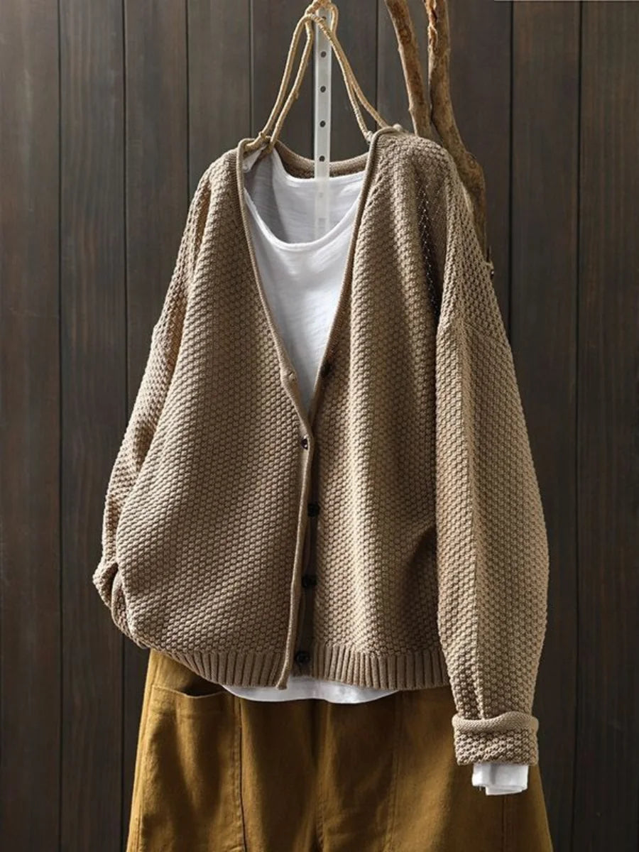 Geraldine Textured V-Neck Button Cardigan in Taupe