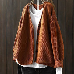 Geraldine Textured V-Neck Button Cardigan in Cognac