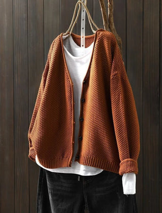 Geraldine Textured V-Neck Button Cardigan in Cognac