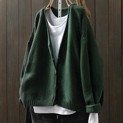 Geraldine Textured V-Neck Button Cardigan in Green
