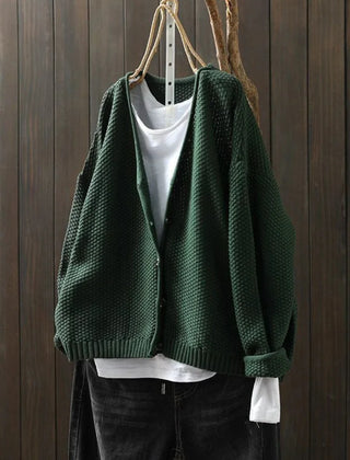Geraldine Textured V-Neck Button Cardigan in Green
