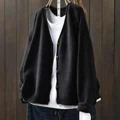 Geraldine Textured V-Neck Button Cardigan in Black