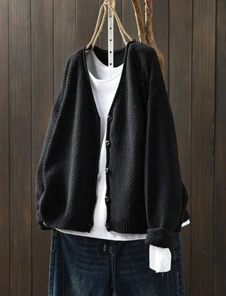 Geraldine Textured V-Neck Button Cardigan in Black