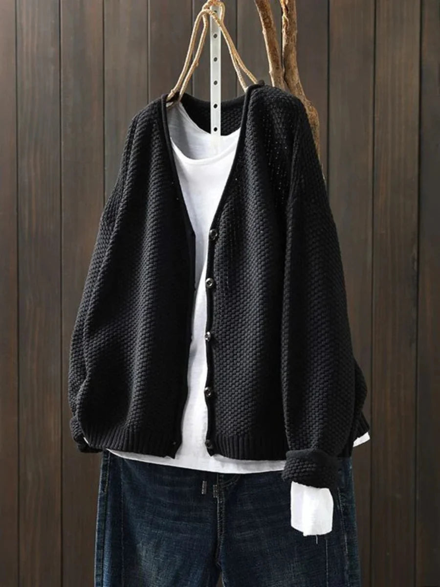Geraldine Textured V-Neck Button Cardigan in Black
