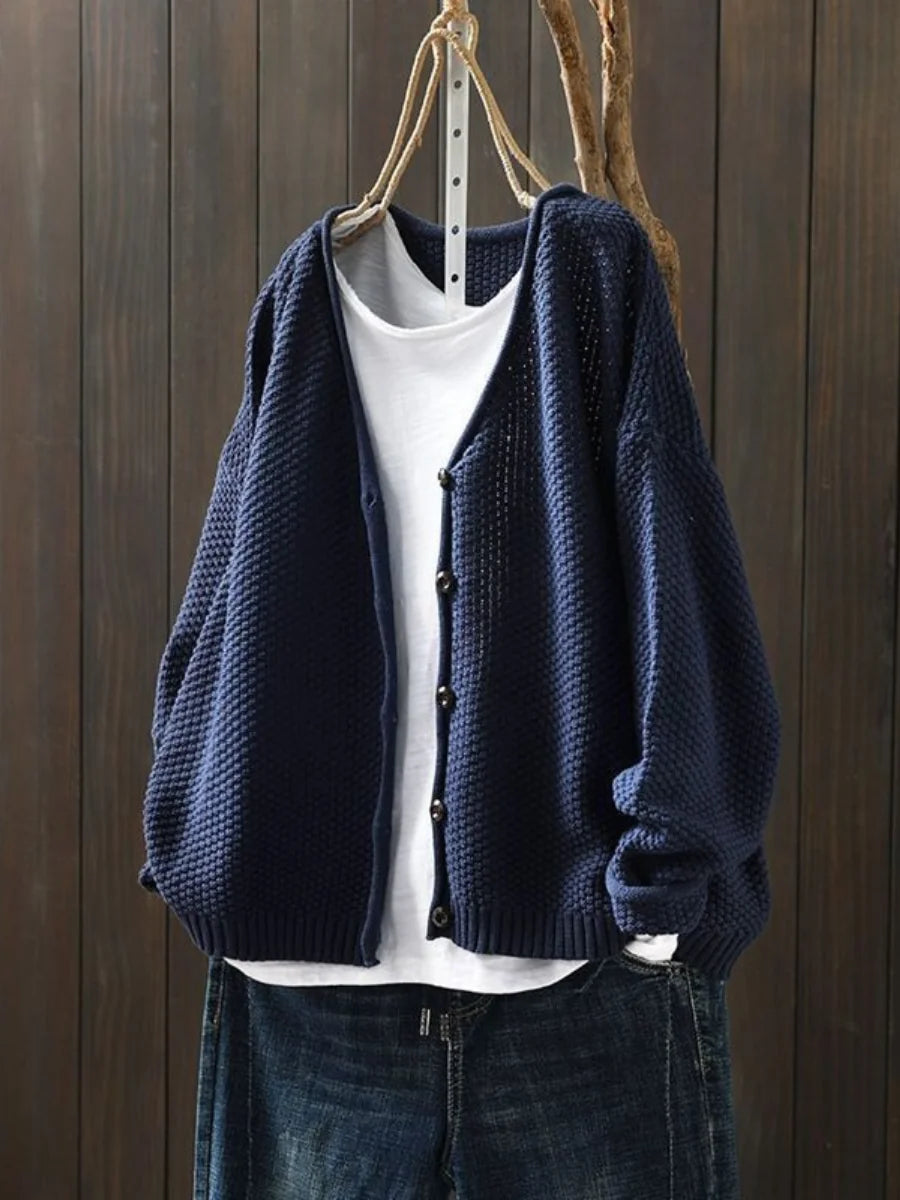Geraldine Textured V-Neck Button Cardigan in Navy