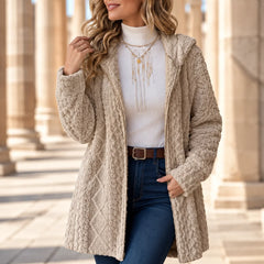 Gillian Hooded Cable Long Cardigan in Beige