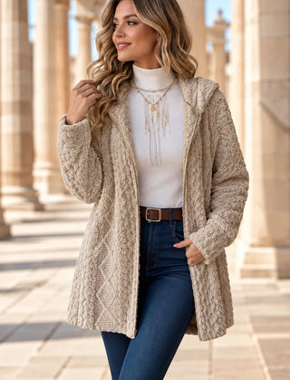 Gillian Hooded Cable Long Cardigan in Beige