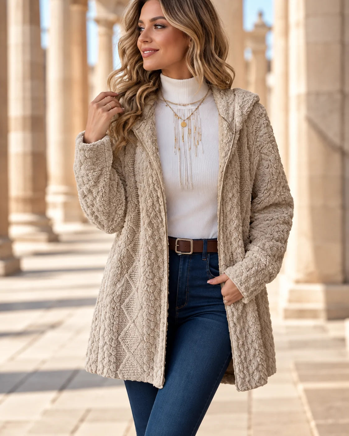 Gillian Hooded Cable Long Cardigan in Beige