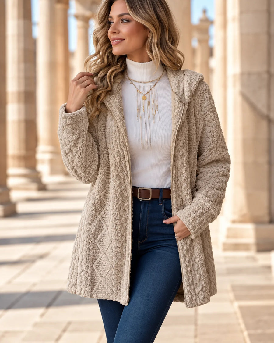 Gillian Hooded Cable Long Cardigan in Beige