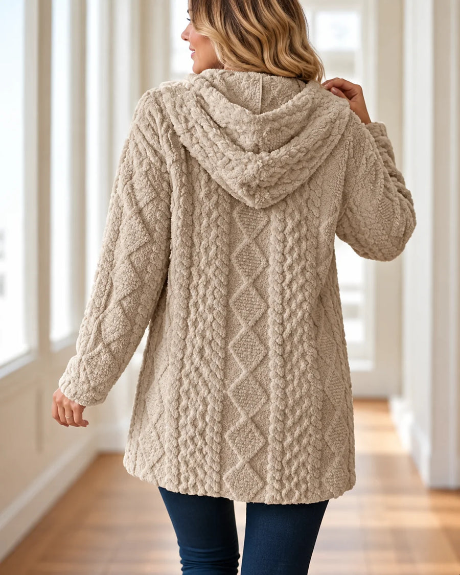 Gillian Hooded Cable Long Cardigan in Beige