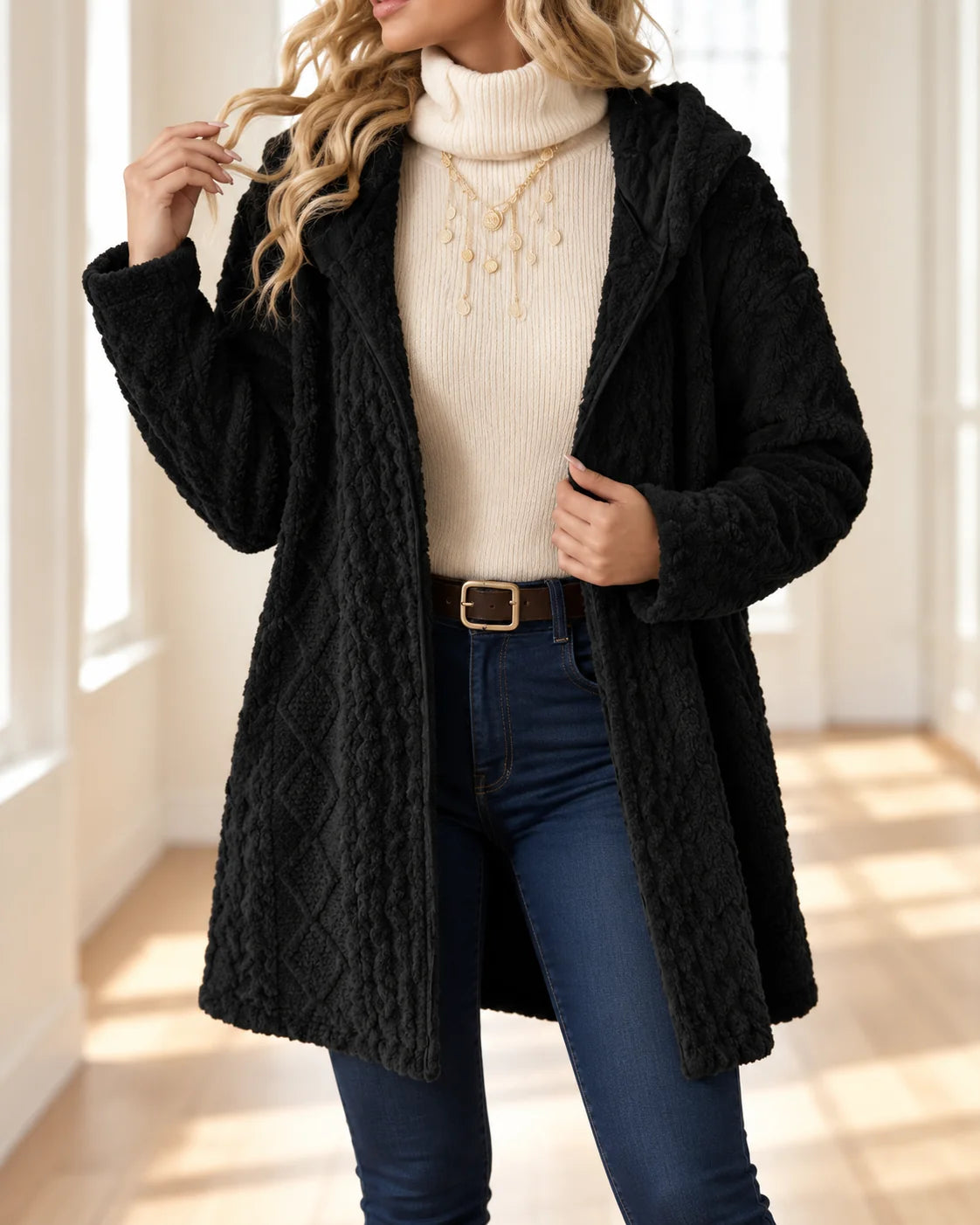 Gillian Hooded Cable Long Cardigan in Black