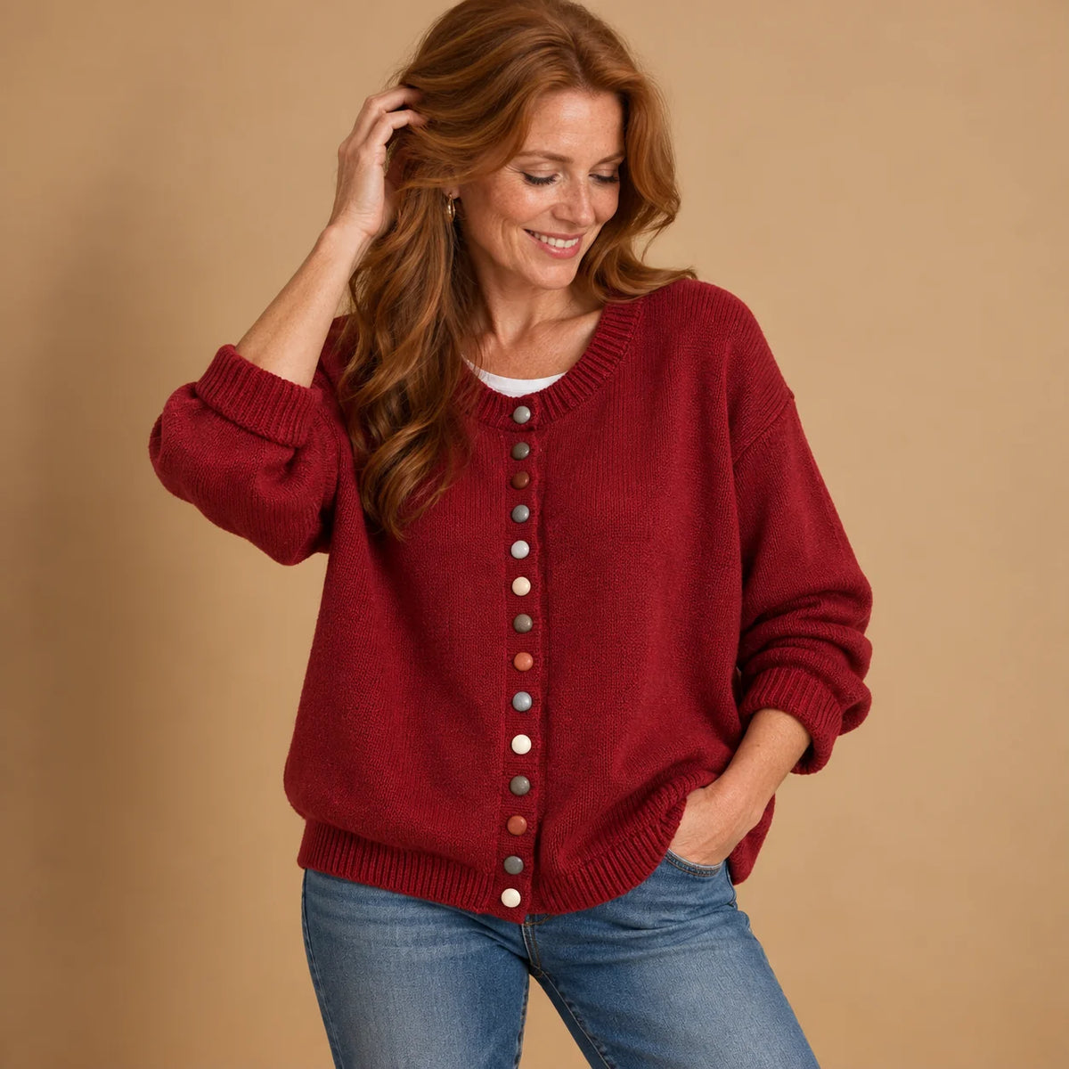 Ginger Multicolour Button Cardigan in Red