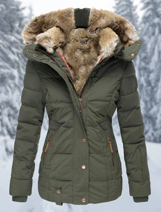 Giselle Faux Fur Trim Hooded Puffer Jacket in Green