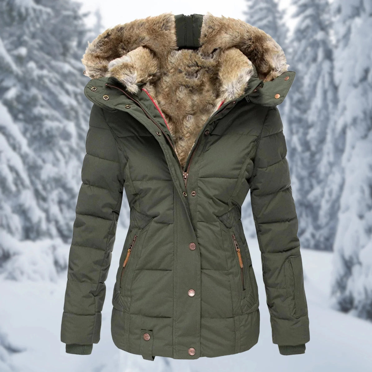 Giselle Faux Fur Trim Hooded Puffer Jacket in Green