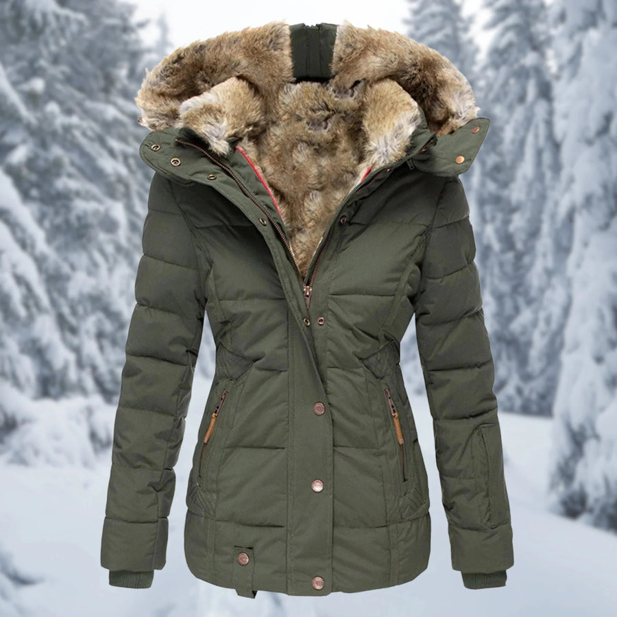 Giselle Faux Fur Trim Hooded Puffer Jacket in Green