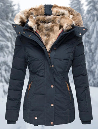 Giselle Faux Fur Trim Hooded Puffer Jacket in Navy